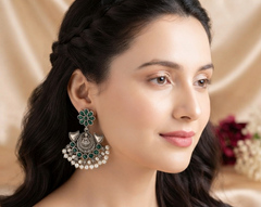 Traditional Oxidized Chandbali Earrings with Green Stones