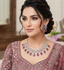 Designer Emerald Red Pear Cut Stone Necklace and Earrings Set