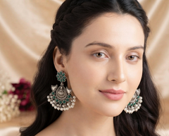 Traditional Oxidized Chandbali Earrings with Green Stones