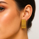 Gold Ribbed Rectangle Stud Earrings | Bold Modern Statement Earrings