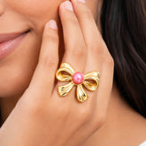 Gold Bow Ring with Pink Pearl | Elegant Statement Ring