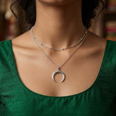 Silver Crescent Moon Layered Necklace | Double Layer Minimal Pendant Necklace