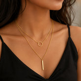 Gold Double Layer Bar Pendant Necklace | Minimal Ring Charm Jewellery