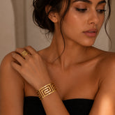 Gold Greek Pattern Cuff Bracelet and Ring Set | Bold Geometric Jewellery Set