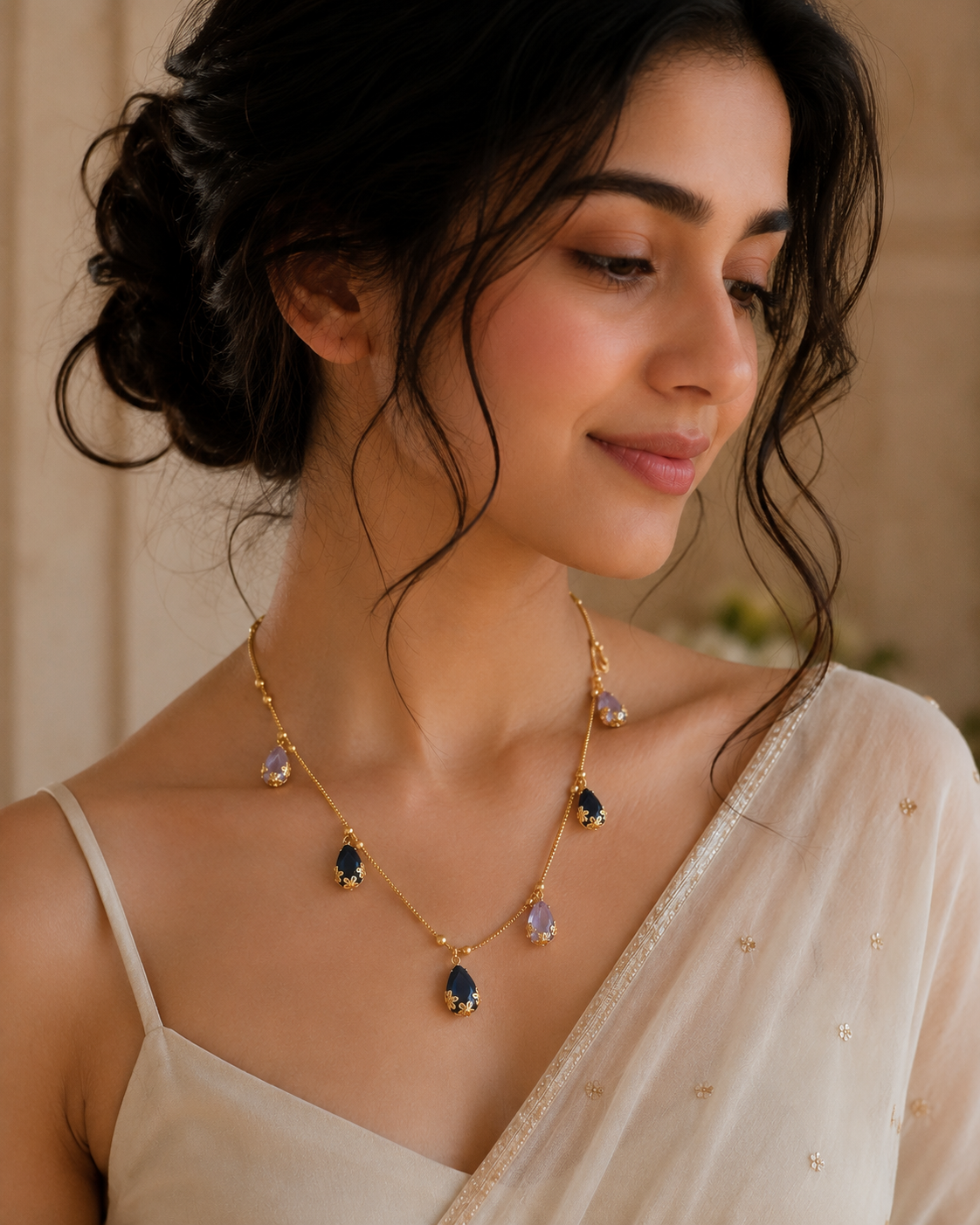 Gold-Plated Black & White Teardrop Charm Necklace