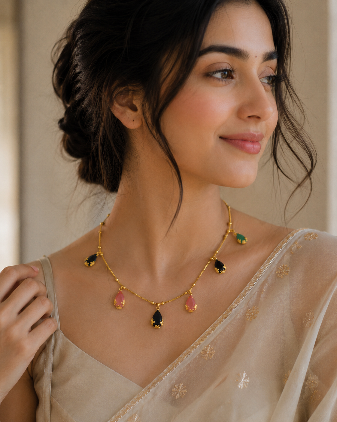Gold-Tone Multicolor Teardrop Pendant Necklace