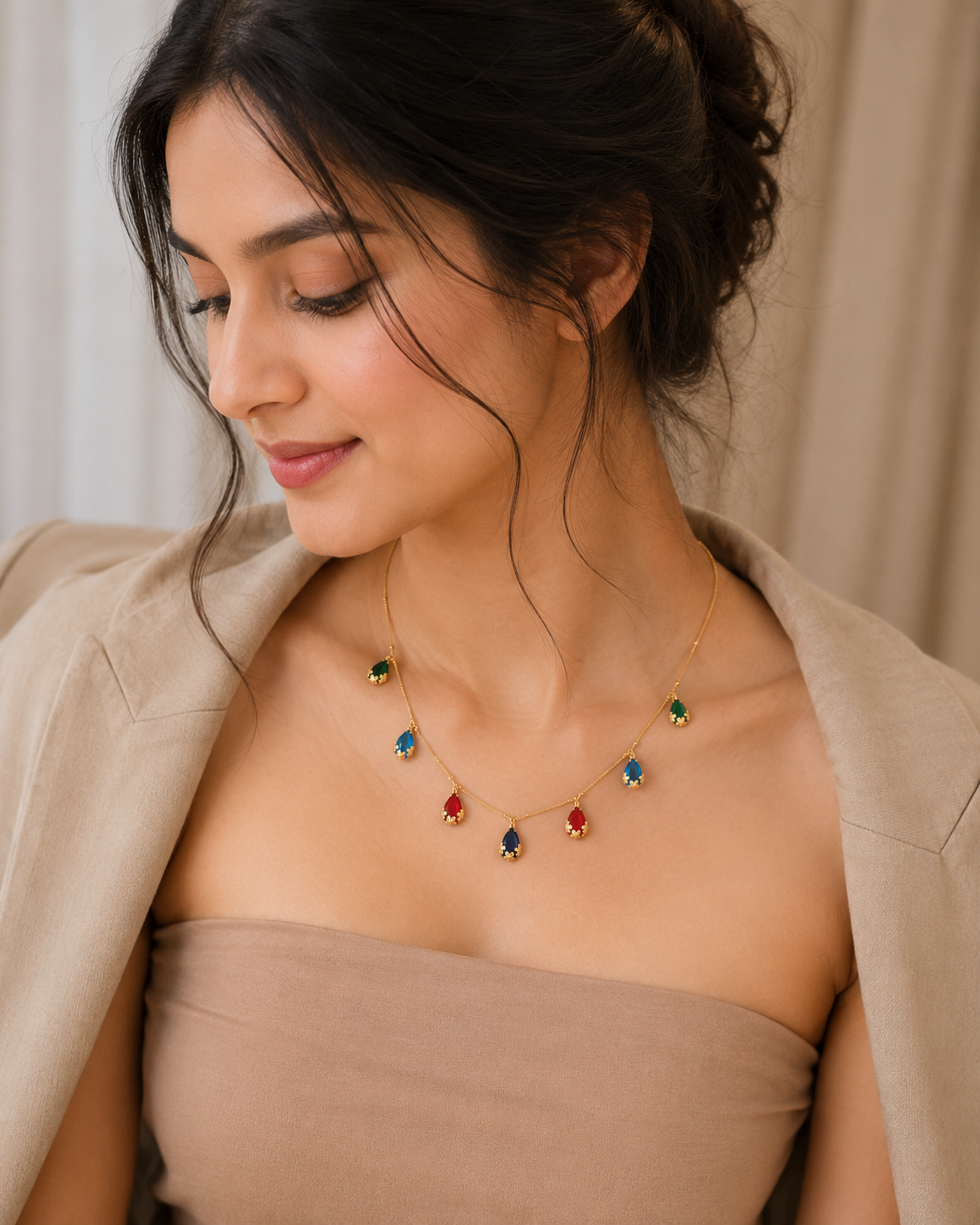 Elegant Gold-Plated Multicolor Teardrop Pendant Necklace