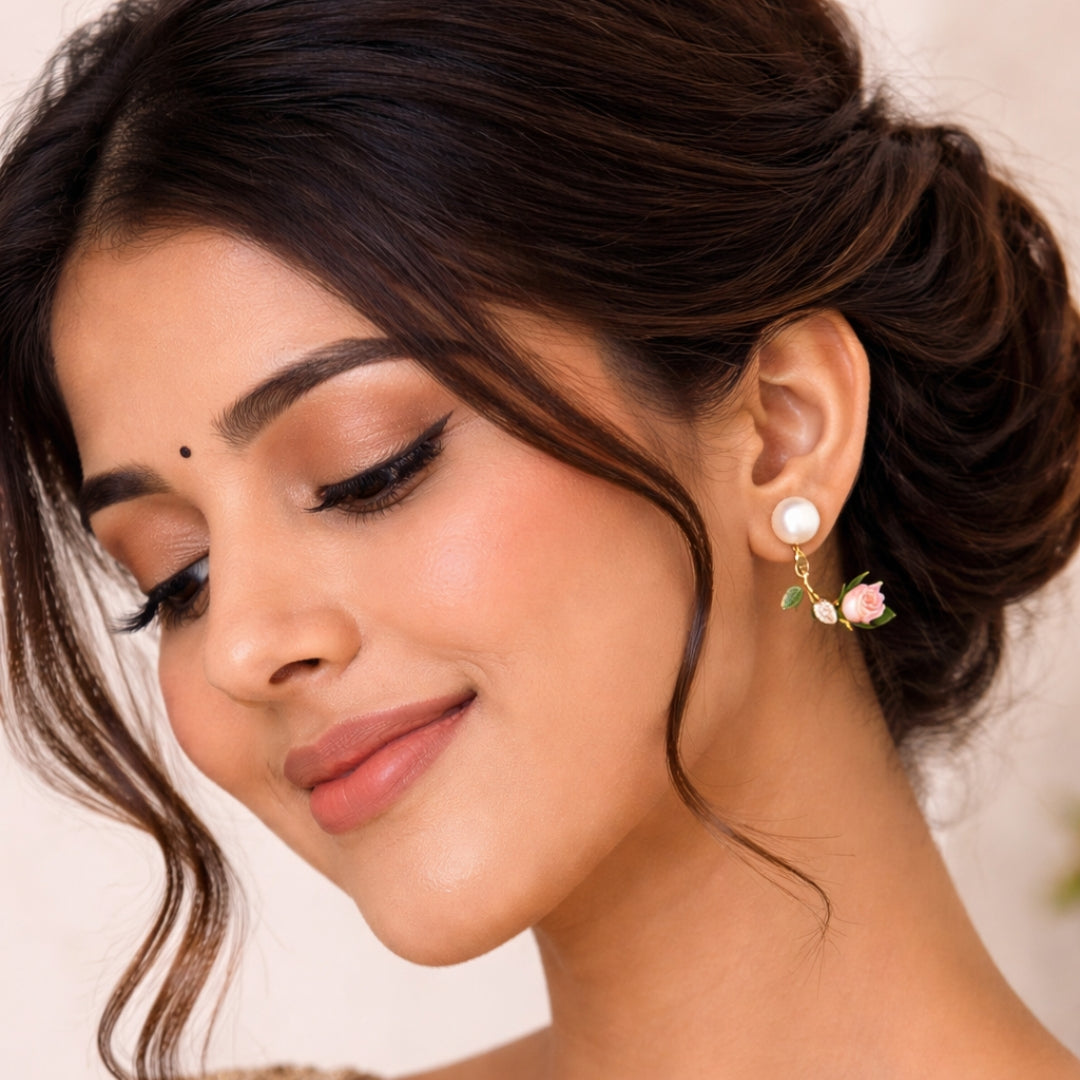 Pearl Rose Branch Earrings | Elegant Floral Gold Jewellery