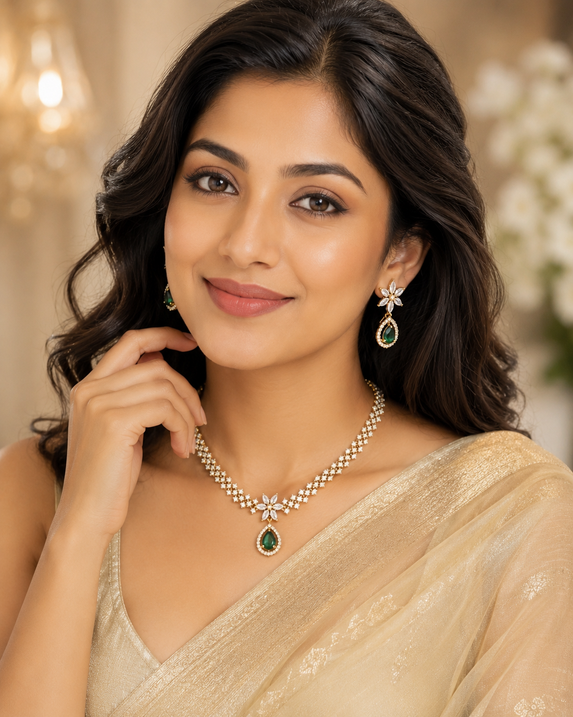 Gold-Plated American Diamond Floral Necklace Set Green