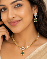 Gold-Plated American Diamond Floral Necklace Set Green