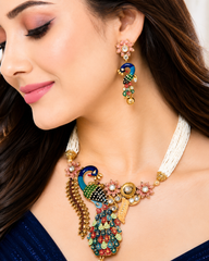Handcrafted Peacock Design Statement Necklace Set