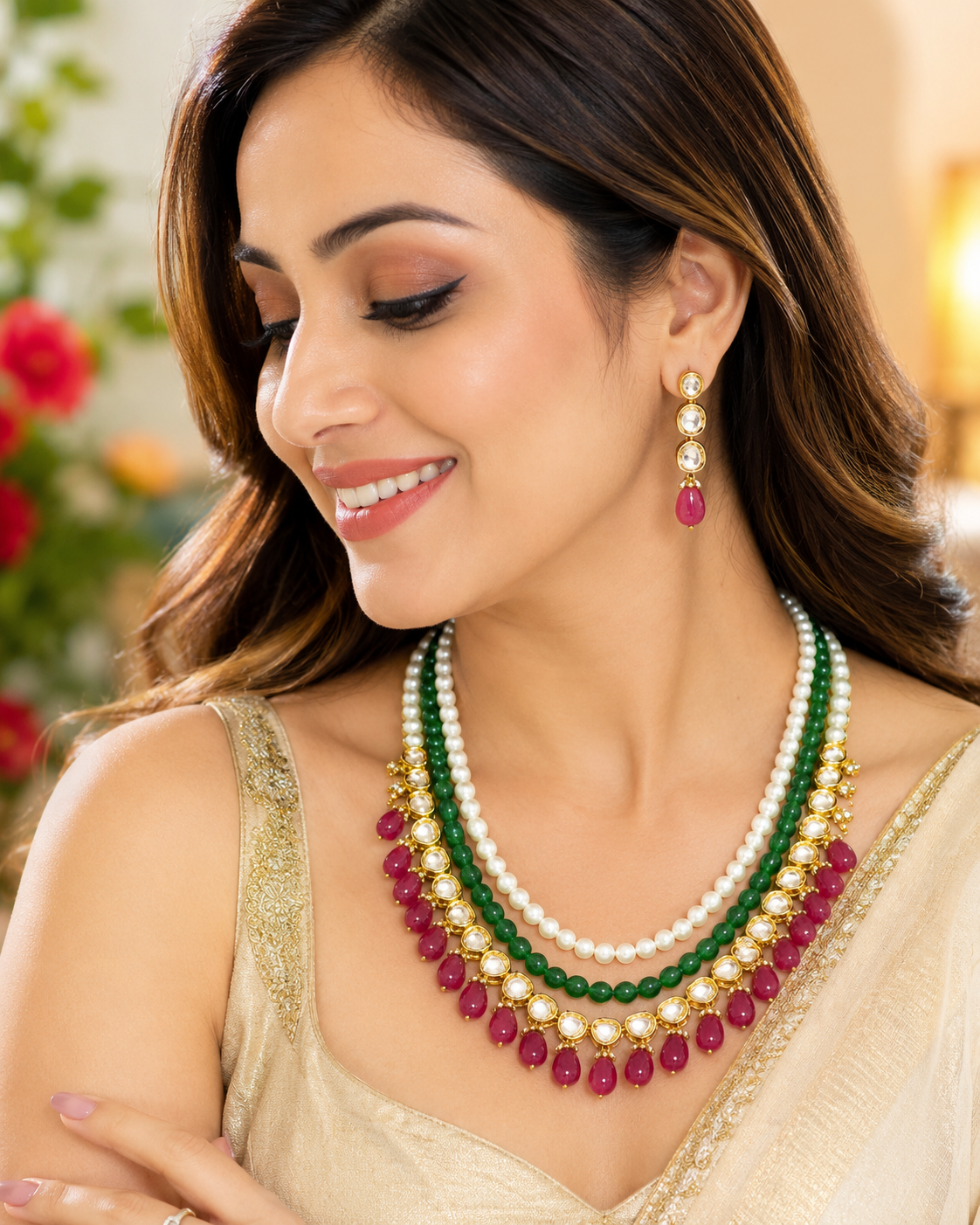 Designer Traditional Kundan Pearl Layered Necklace Set