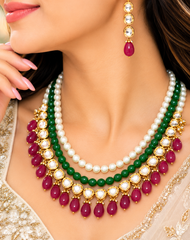 Designer Traditional Kundan Pearl Layered Necklace Set