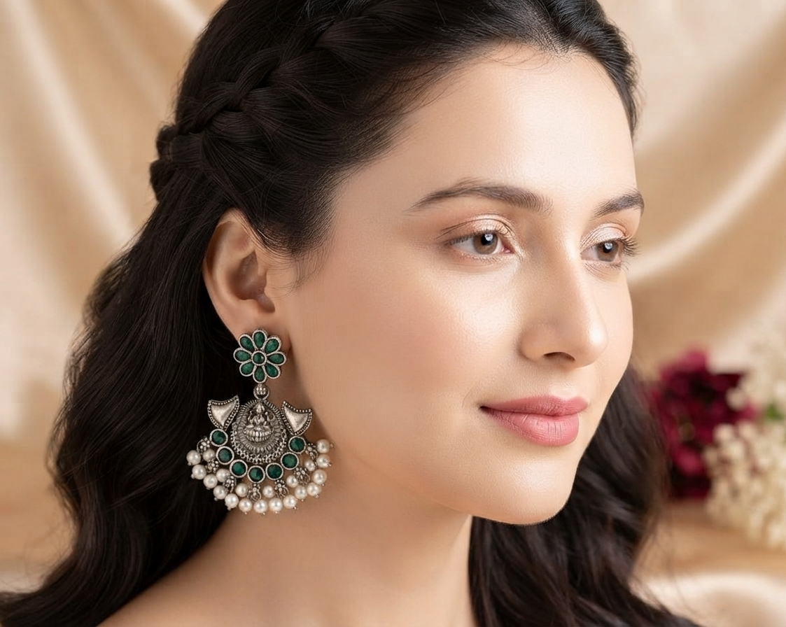 Traditional Oxidized Chandbali Earrings with Green Stones