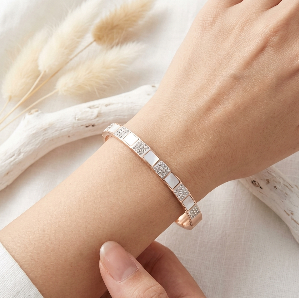 Premium Crystal & Mother of Pearl Geometric Designer Openable Bracelet