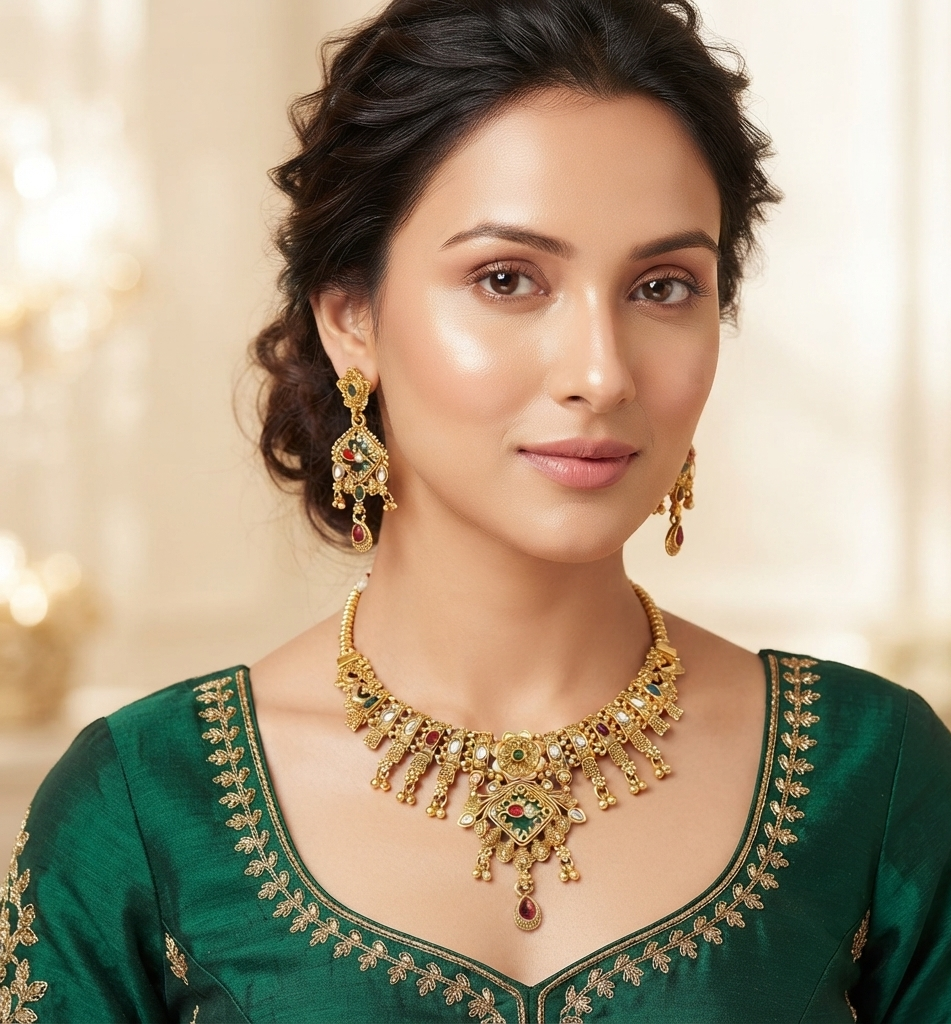 Handcrafted Antique Gold Temple Necklace & Earrings Set