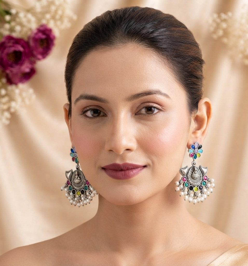 Oxidized Silver-Plated Chandbali Earrings Multicolour