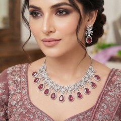 Designer Emerald Red Pear Cut Stone Necklace and Earrings Set