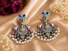 Oxidized Silver-Plated Chandbali Earrings Multicolour