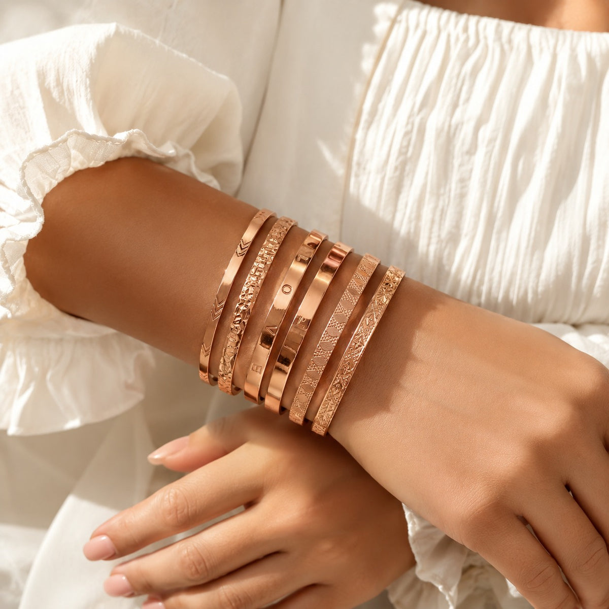 Rose Gold Stackable Bangle Bracelet Set | Elegant Multi Layer Wrist Stack