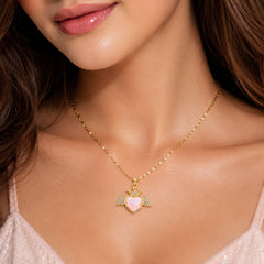 Gold Heart-Wing Pendant Necklace | Opal Heart Charm Necklace