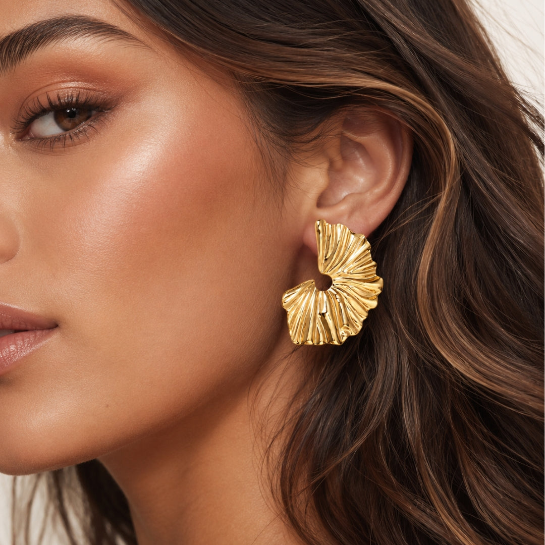 Gold Fan Shell Stud Earrings | Sculptural Statement Earrings