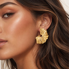 Gold Fan Shell Stud Earrings | Sculptural Statement Earrings