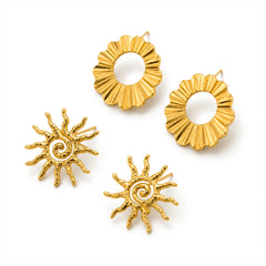 Gold Sun Spiral & Ruffled Hoop Statement Earrings | Bold Modern Fashion Earrings