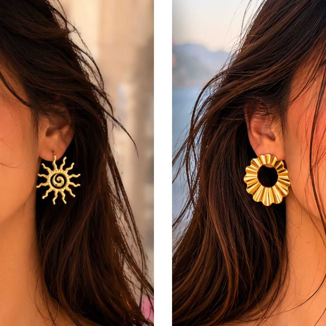 Gold Sun Spiral & Ruffled Hoop Statement Earrings | Bold Modern Fashion Earrings