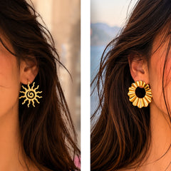 Gold Sun Spiral & Ruffled Hoop Statement Earrings | Bold Modern Fashion Earrings