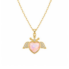 Gold Heart-Wing Pendant Necklace | Opal Heart Charm Necklace