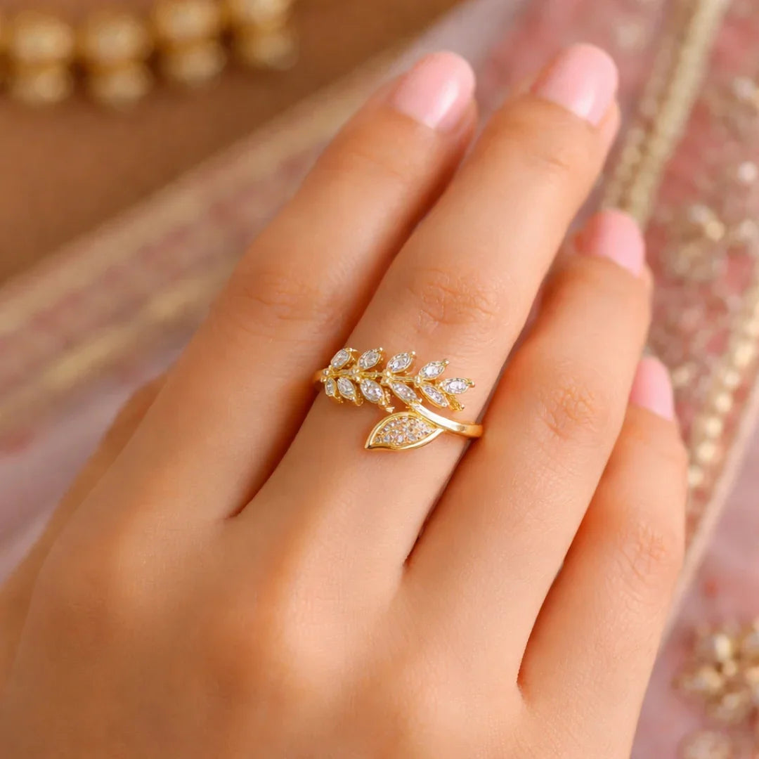 Leaf Ring with Crystal Accents | Elegant Jewellery