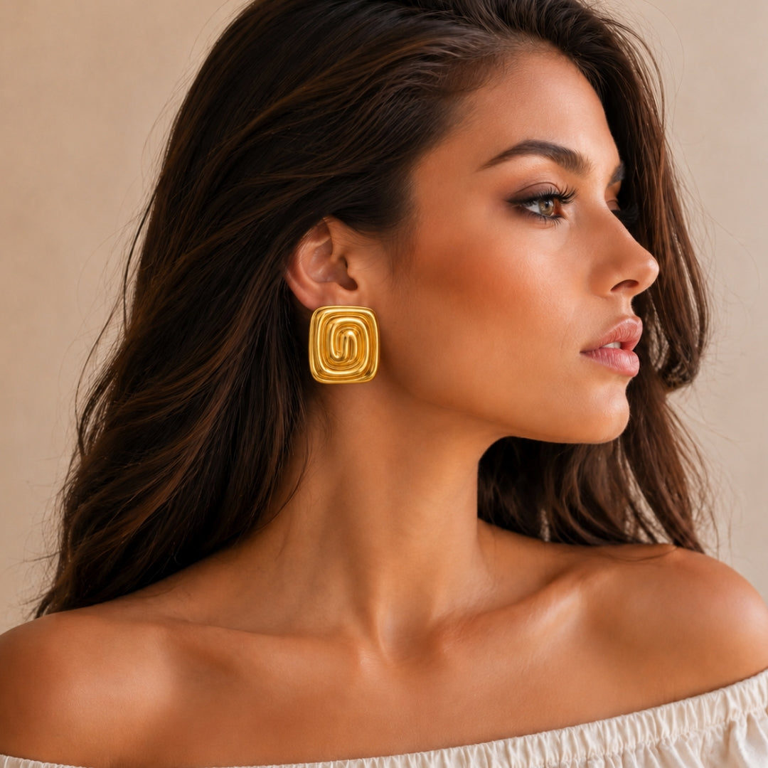 Gold Square Swirl Statement Earrings | Bold Modern Fashion Earrings