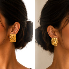 Gold Textured Rectangle Statement Earrings | Bold Modern Fashion Earrings