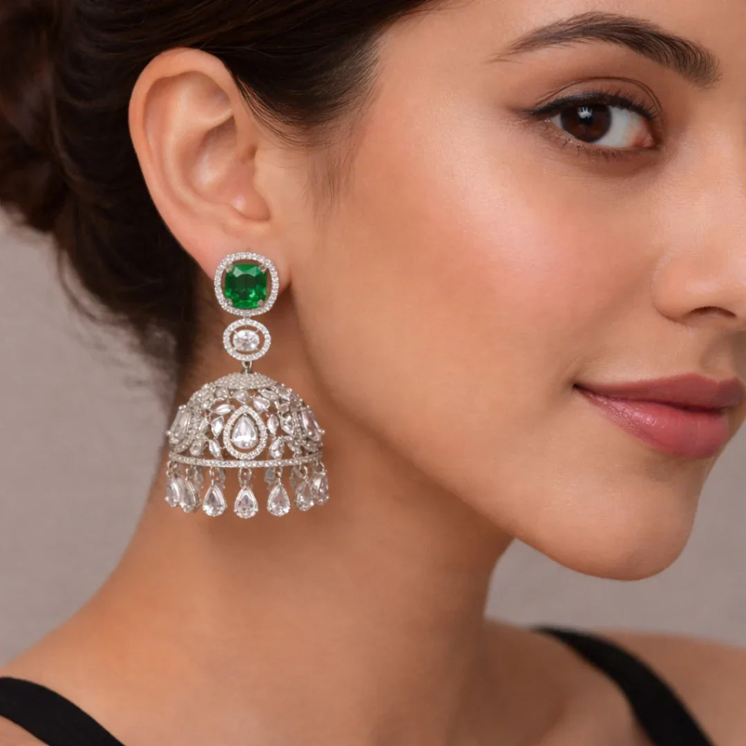 Green & American Diamond Jhumka | Elegant Bridal Jewellery