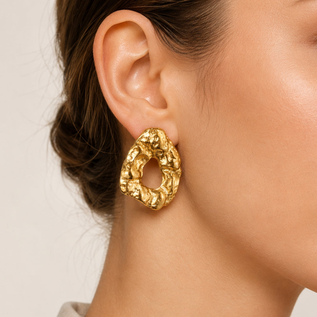 Gold Hammered Hoop Stud Earrings | Organic Statement Earrings