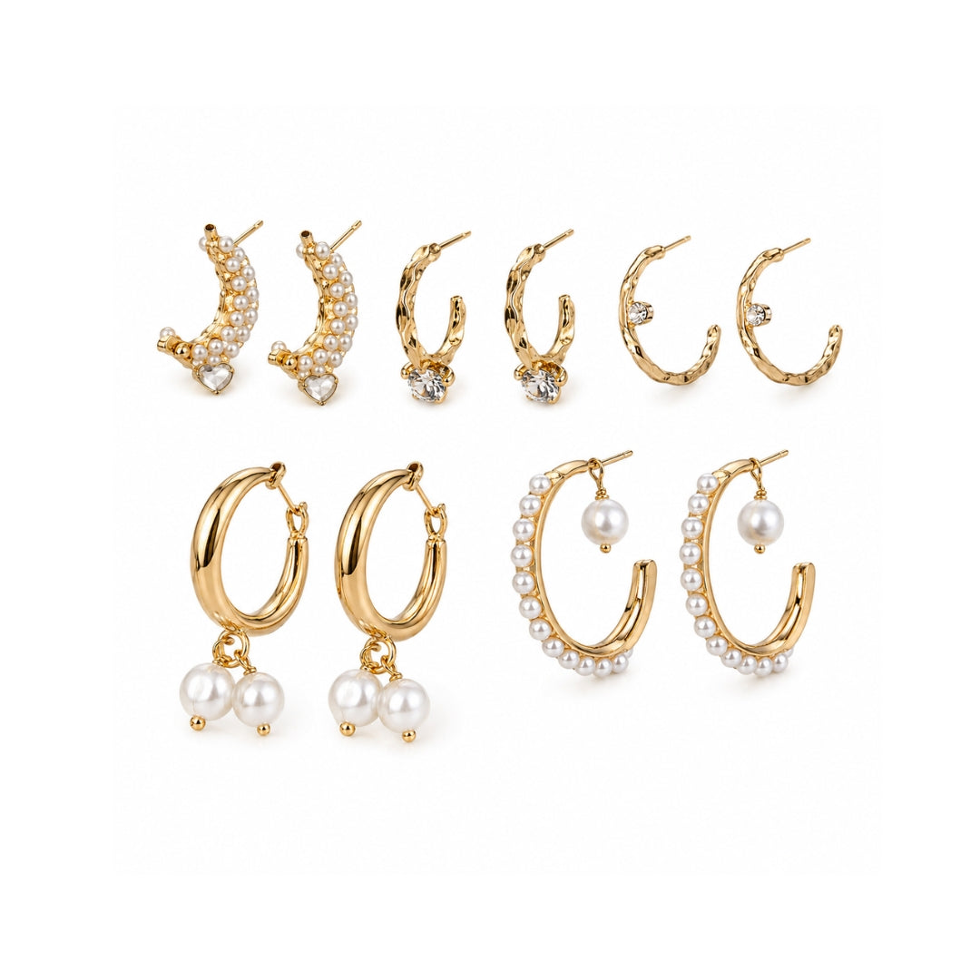 Pearl & Crystal Hoop Earring Set | Luxe Gold Tone Jewellery
