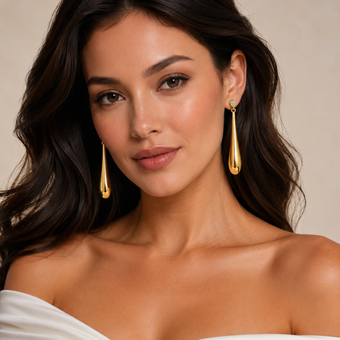 Gold Long Teardrop Earrings | Elegant Crystal Drop Earrings