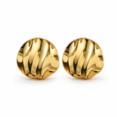 Gold Round Ripple Stud Earrings | Modern Textured Statement Earrings