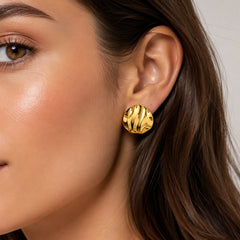 Gold Round Ripple Stud Earrings | Modern Textured Statement Earrings