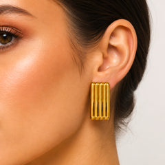 Gold Ribbed Rectangle Stud Earrings | Bold Modern Statement Earrings
