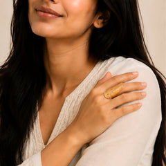 Gold Sculpted Statement Ring with Pearl Accent | Bold Modern Fashion Ring