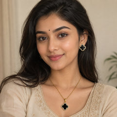 Midnight Clover Pendant & Stud Set | Elegant Black Stone Jewellery