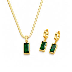 Emerald Rectangle Pendant & Hoop Earrings Set | Minimal Green Stone Jewellery
