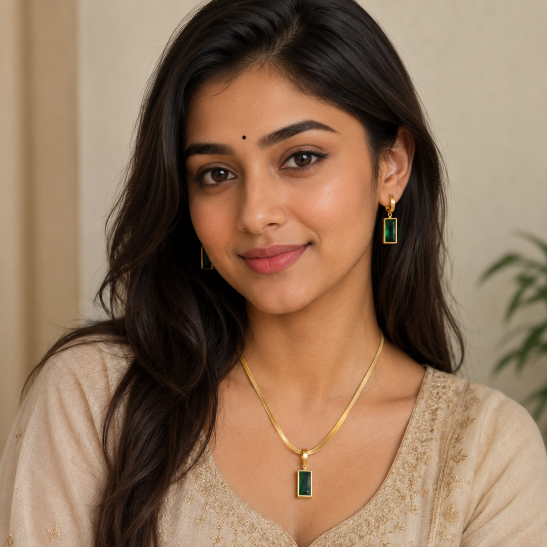 Emerald Rectangle Pendant & Hoop Earrings Set | Minimal Green Stone Jewellery