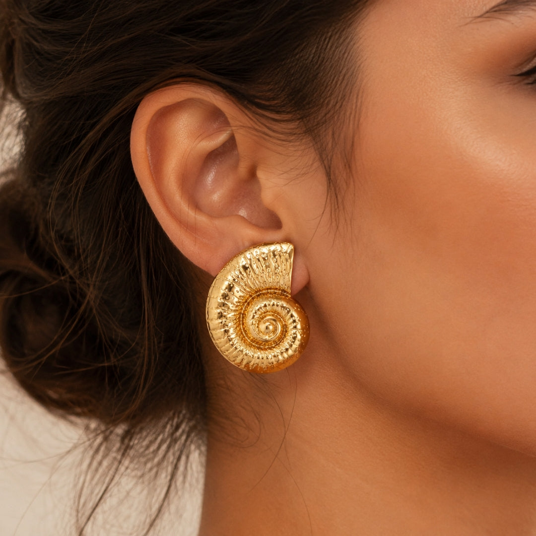 Gold Spiral Shell Statement Earrings | Bold Modern Fashion Earrings