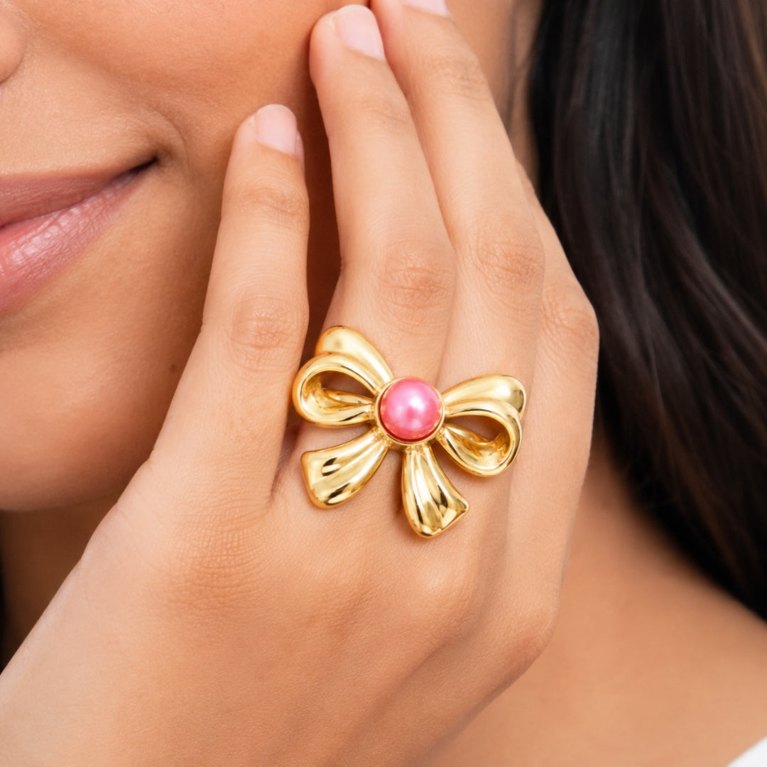 Gold Bow Ring with Pink Pearl | Elegant Statement Ring