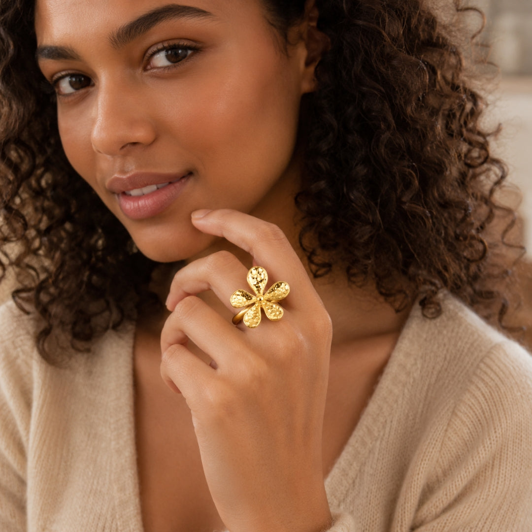 Gold Flower Statement Ring | Hammered Floral Bold Ring