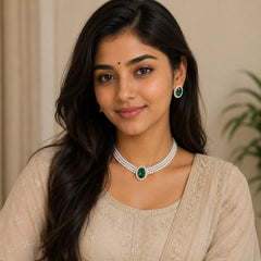 Emerald Pearl Choker Set | Elegant Green Stone & Pearl Jewellery