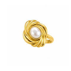 Gold Spiral Pearl Ring | Elegant Statement Cocktail Ring